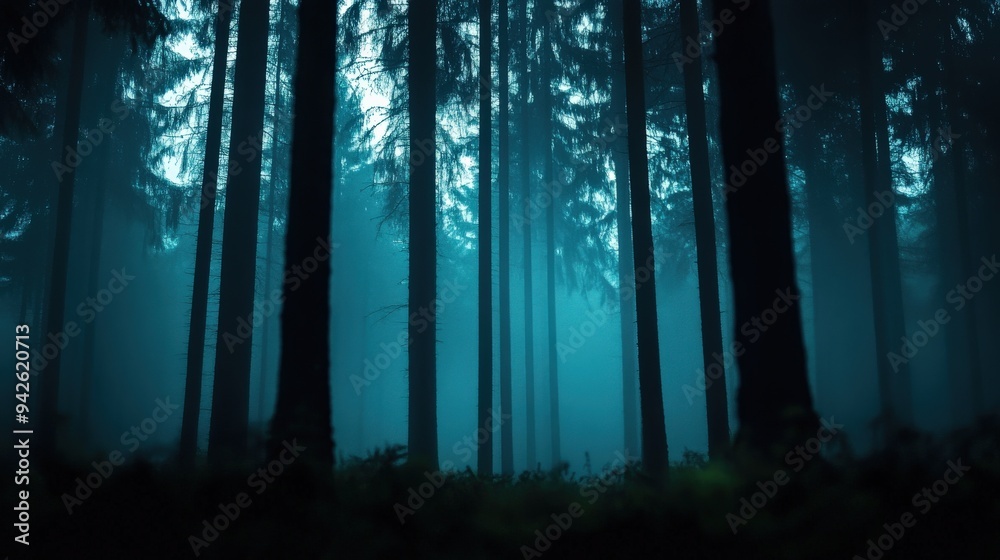 Naklejka premium A misty forest scene with towering trees and ethereal blue light, creating a peaceful yet mysterious atmosphere.