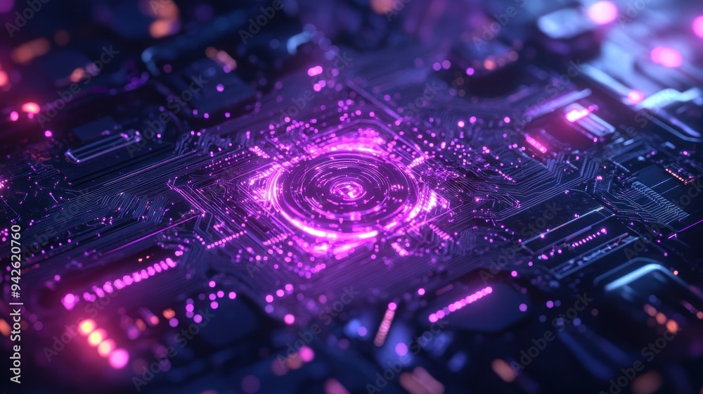 Fototapeta premium Glowing Purple Circuit Board with Circular Light Pattern