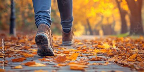 Man walking on a sidewalk covered with leaves in autumn park