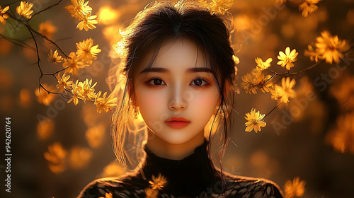 Young woman with flowers in...