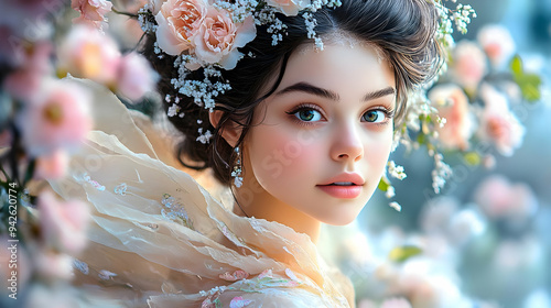 Young woman with flowers in...