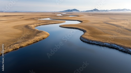 Serene River Meandering Through Golden Grasslands, Expansive Open Space with Mountainous Backdrop Under Clear Blue Sky, Tranquil Natural Landscape in Early Morning Light