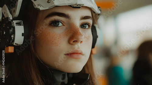 Young woman with freckles w...