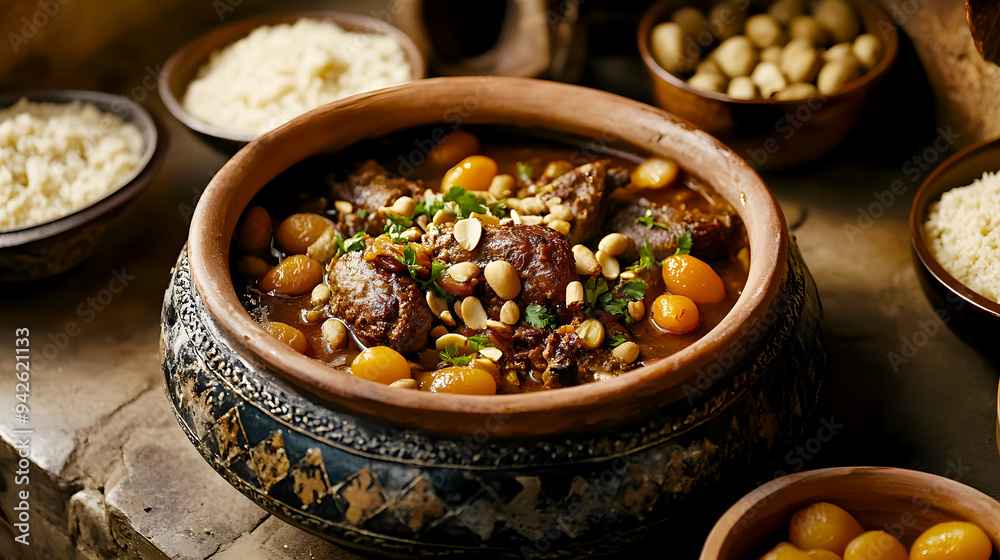 Traditional Middle Eastern Style A beautifully spiced lamb tagine, slow-cooked with apricots, almonds, and fragrant spices like cinnamon and cumin. The dish is served in a traditional clay tagine Traditional Middle Eastern Style A beautifully spiced lamb tagine, slow-cooked with apricots, almonds, and fragrant spices like cinnamon and cumin. The dish is served in a traditional clay tagine