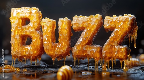 Honeycomb Text Art with Dripping Honey and Bees - Creative 3D Typography Design