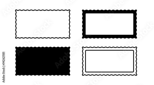 Border frame scallop edge rectangle vector shape. Wave scallop squiggle cute simple rectangle border set. Simple wavy squiggly line retro photo picture frame. Vector illustration