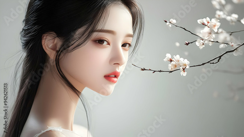 Young woman with long black...
