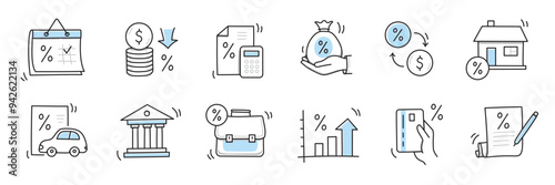 Loan interest rate doodle icon set. Hand drawn sketch doodle line style bank money loan interest rate icon for house, car discount percentage concept. Trendy cute element. Vector illustration