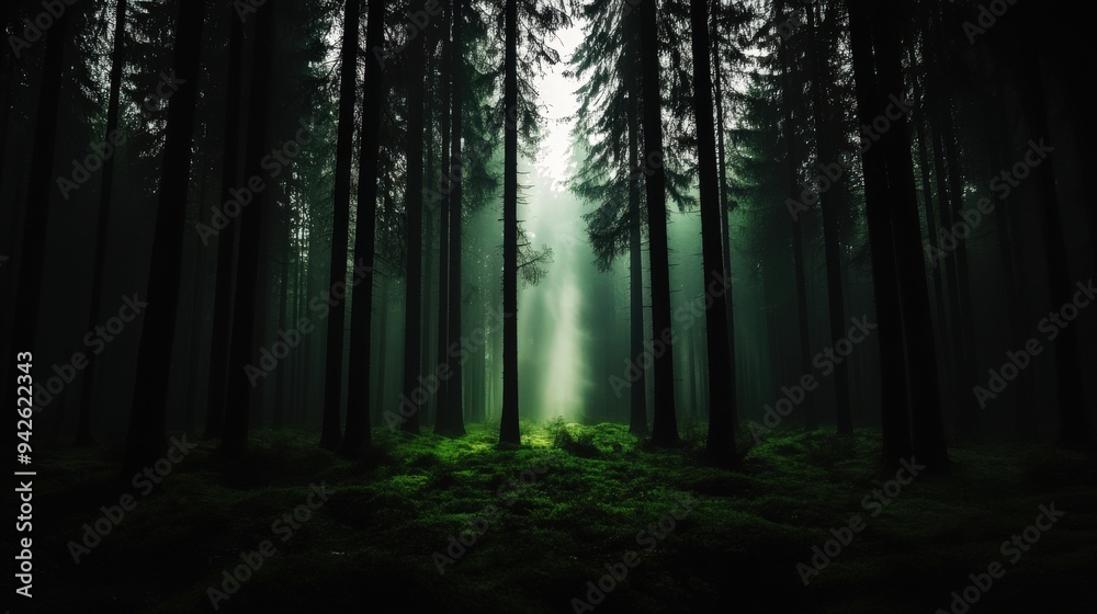 Fototapeta premium A serene forest scene with towering trees and soft light filtering through the mist, creating a peaceful atmosphere.