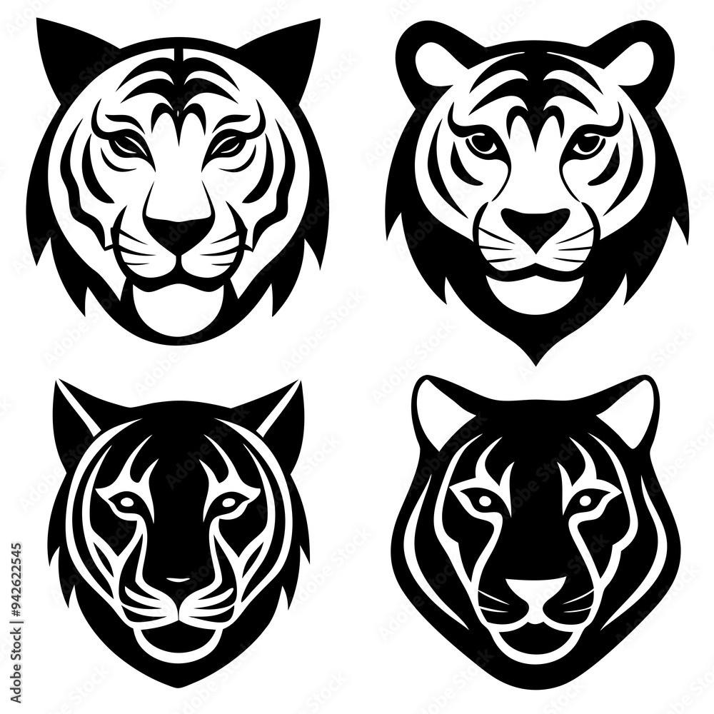 Set of tiger head icons silhouette vector art illustration Set of tiger head icons silhouette vector art illustration