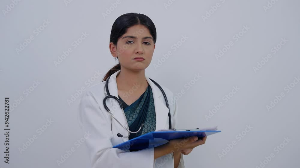 Indian Female Doctor Reading Report and Looking at Camera Indian Female Doctor Reading Report and Looking at Camera