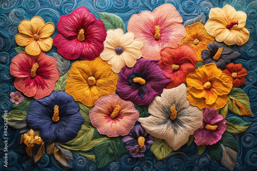 custom made wallpaper toronto digitalVibrant Floral Art Composition with Colorful Hibiscus Flowers on Textured Blue Background