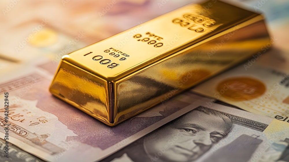 Gleaming gold bar positioned prominently atop a stack of currency notes symbolizing financial wealth investment and economic prosperity Gleaming gold bar positioned prominently atop a stack of currency notes symbolizing financial wealth investment and economic prosperity