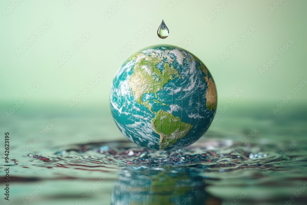 Earth Globe with Water Drop Splashing in Calm Water Representing Environmental Conservation and Global Awareness Earth Globe with Water Drop Splashing in Calm Water Representing Environmental Conservation and Global Awareness