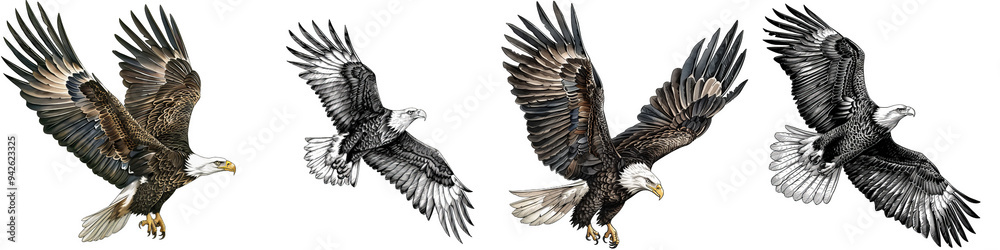 Obraz premium Four American Bald Eagles in Flight, Pencil and Watercolor Illustration, Isolated on White Background, Bald Eagle, Bird of Prey, American Symbol, Wildlife