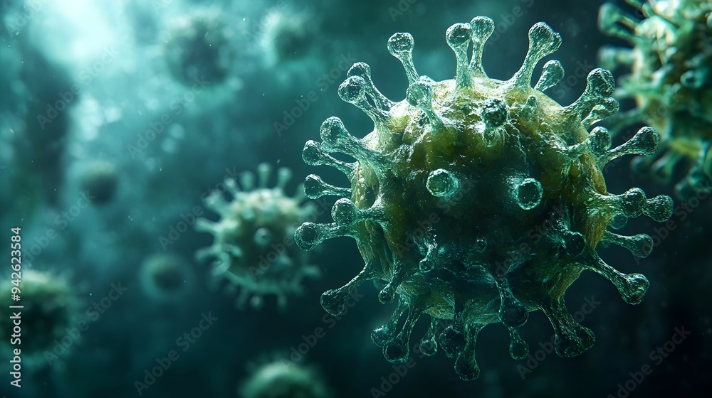 Fototapeta premium A close-up view of a virus, revealing intricate details of its structure. The image captures the complexity and unique patterns of the virus, offering a glimpse into the microscopic world.