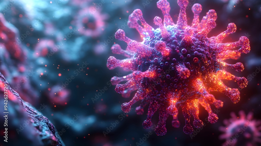 A close-up view of a virus, revealing intricate details of its structure. The image captures the complexity and unique patterns of the virus, offering a glimpse into the microscopic world. A close-up view of a virus, revealing intricate details of its structure. The image captures the complexity and unique patterns of the virus, offering a glimpse into the microscopic world.