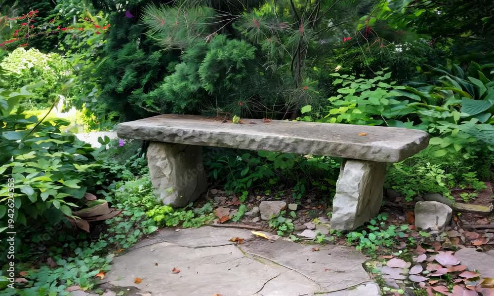 Tranquil garden bench surrounded by lush greenery Tranquil garden bench surrounded by lush greenery