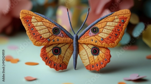 Colorful Embroidered Butterfly with Intricate Details on a Soft Pastel Background photo