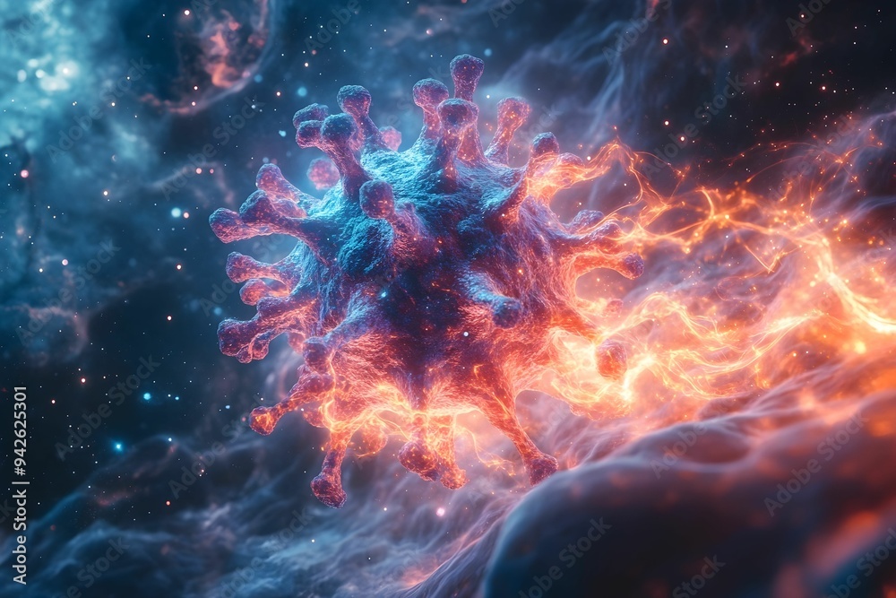 Fototapeta premium A close-up view of a virus, revealing intricate details of its structure. The image captures the complexity and unique patterns of the virus, offering a glimpse into the microscopic world.