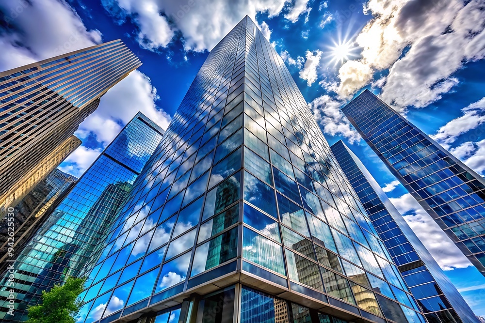 Fototapeta premium Modern Glass Skyscrapers Reflecting Sky.