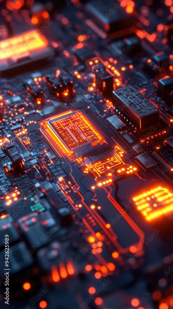 Close-Up of a Circuit Board with Glowing Orange Lights Close-Up of a Circuit Board with Glowing Orange Lights