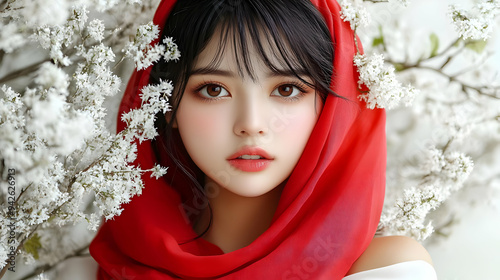 Young woman with red scarf ...