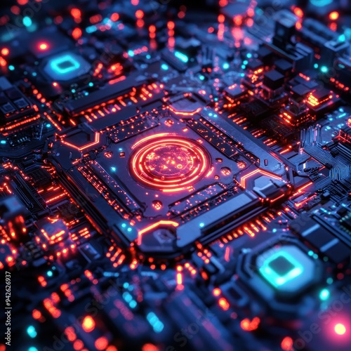 Close-up of a glowing circuit board with a central processing unit