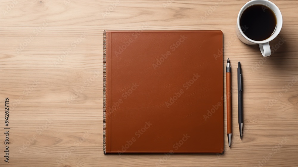 Brown Notebook, Pens, and a Cup of Coffee on a Wooden Desk Brown Notebook, Pens, and a Cup of Coffee on a Wooden Desk