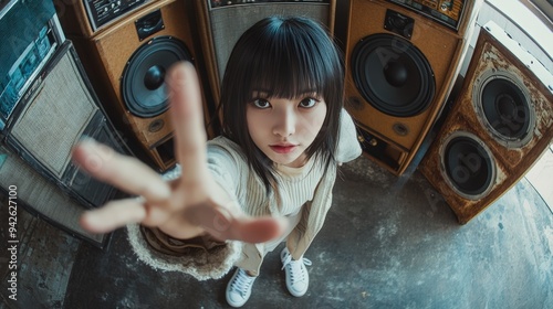 an Asian woman dancing in front of vintage speakers, captured with a fisheye lens from a high angle. She is wearing white sneakers and has black hair with bangs, holding up her hand to the camera