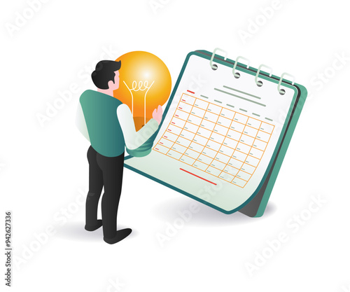 Businessman holding calendar and light bulb, symbolizing planning and creativity