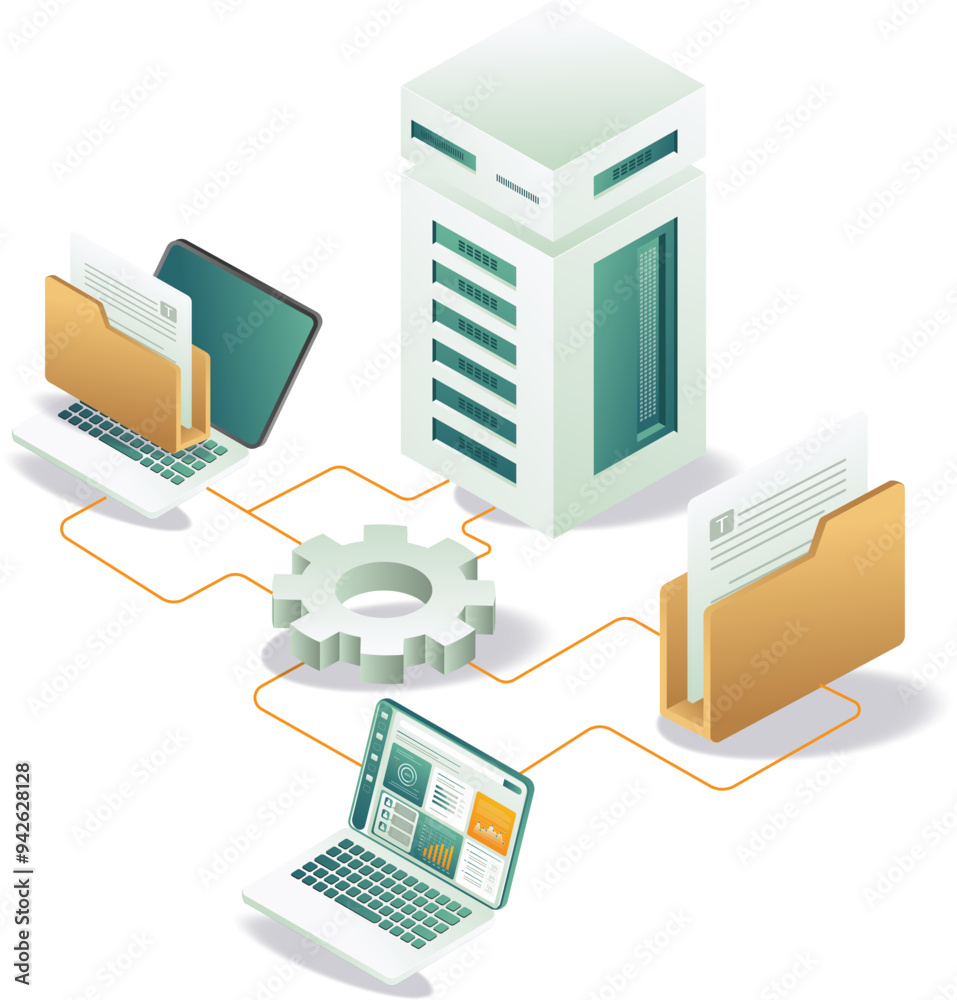 Computer and laptop connected to server for data sharing and storage Computer and laptop connected to server for data sharing and storage