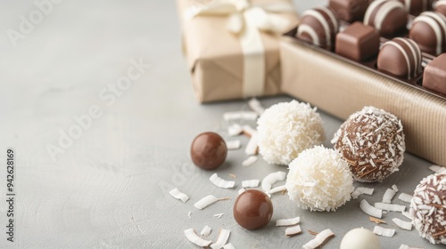 Decadent chocolate assortment with coconut truffles, beautifully wrapped gift beside a box of luxury chocolates, inviting indulgence and celebration.