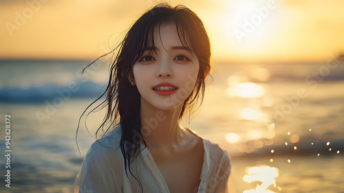 Young woman with wet hair s...