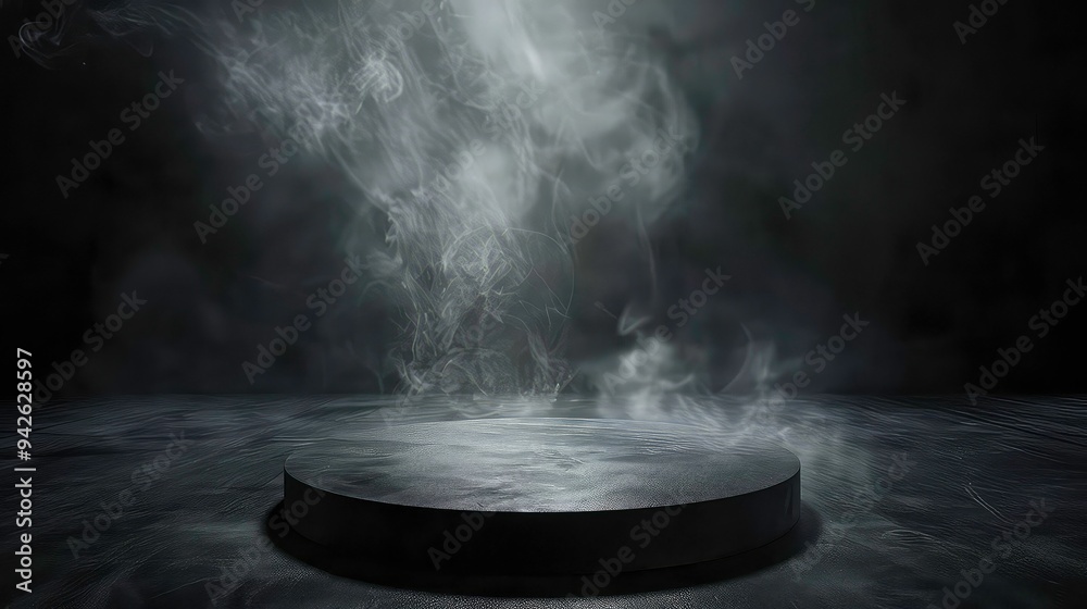 Black cylinder podium with smoke effect. Black cylinder podium with smoke effect.