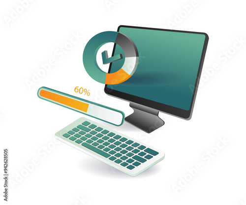 Computer monitor, keyboard, and mouse on desk for computer app update maintenance process