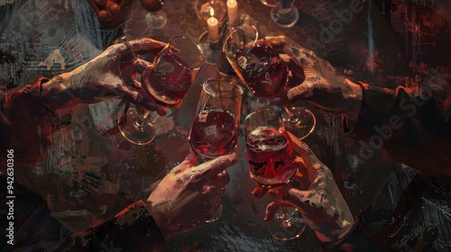 Cheers to Celebration, hands raise glasses filled with rich red liquid, dimly lit ambiance enhances the intimate gathering, warm tones evoke a sense of camaraderie and joy photo