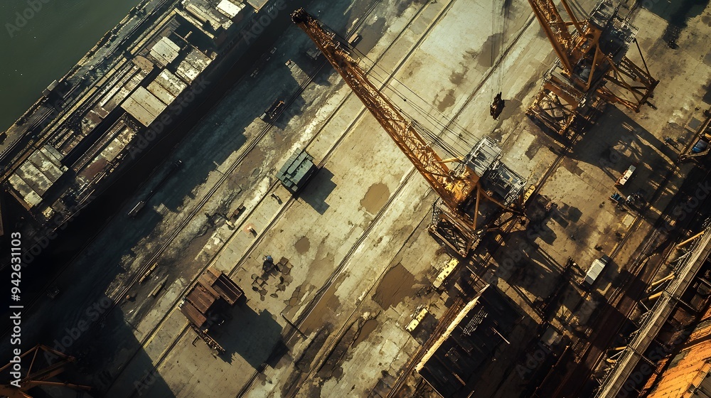 Aerial view of an industrial port with cranes and cargo in a metallic color palette
