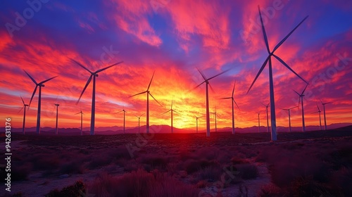 Wind turbines silhouetted against a vibrant sunset, representing the beauty and importance of renewable energy