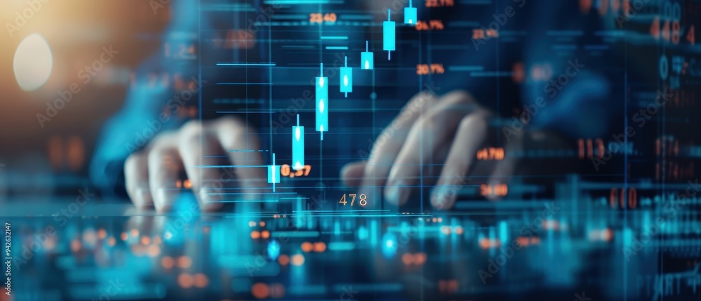 Financial analysis in progress, hands typing on a keyboard surrounded by digital stock market graphs and data overlays, emphasizing the modern trading environment.