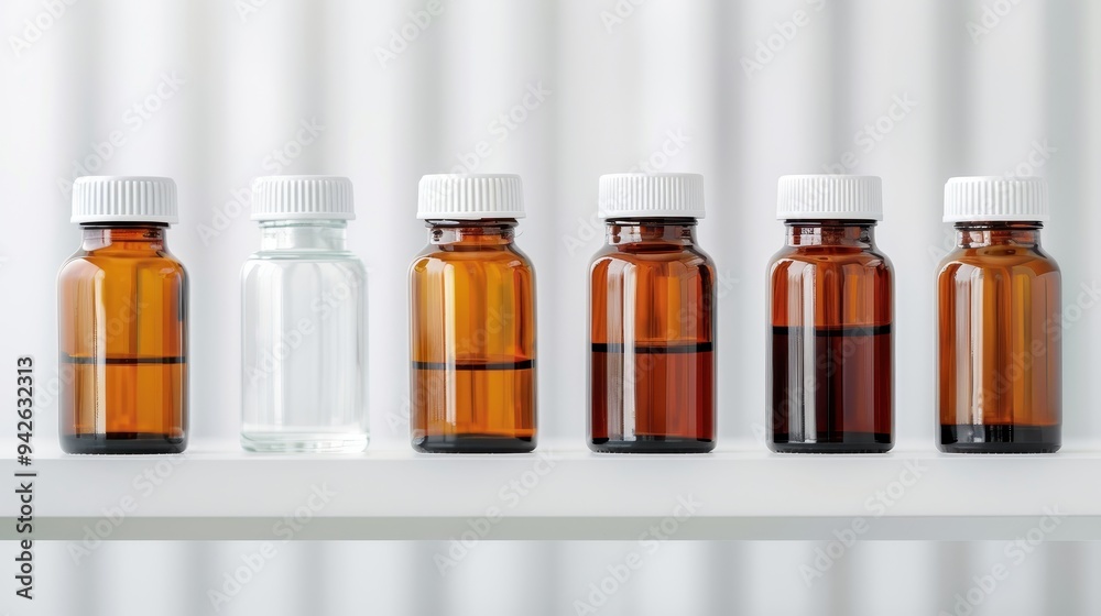 Amber and clear glass bottles arranged on a minimalist shelf, containing various liquids, showcasing a blend of transparency and rich, warm hues. Amber and clear glass bottles arranged on a minimalist shelf, containing various liquids, showcasing a blend of transparency and rich, warm hues.