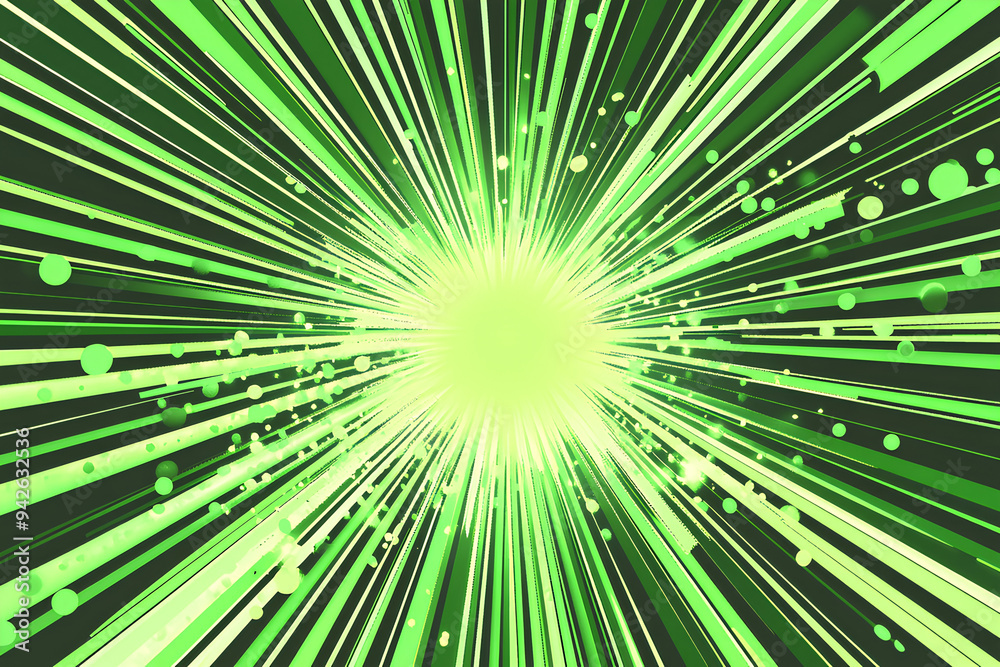 Fototapeta premium Green comic background. Abstract lines background. Bright sunshine. Design frame for book title. Explosive polka texture. Beam action. The fast boom is rectangular in shape. Vector illustration