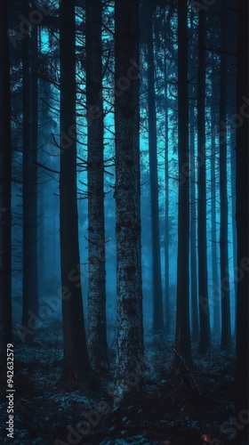 Spooky Forest with Tall Trees in Blue Tones