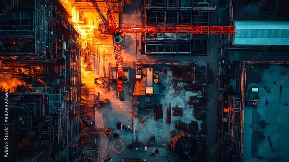 Aerial view of a construction site with cranes and metallic equipment under high-contrast lighting Aerial view of a construction site with cranes and metallic equipment under high-contrast lighting