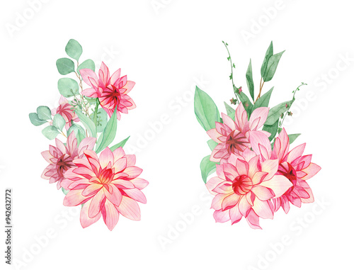 Watercolor set of bouquet with dahlias, green foliage and eucalyptus branches