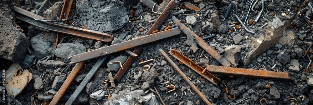 Scattered debris at a site containing dangerous nails for workers. Scattered debris at a site containing dangerous nails for workers.