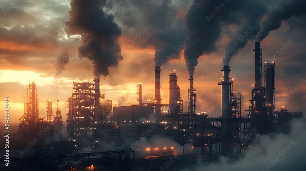 Wide shot of a factory exterior with smokestacks and metallic structures under dramatic lighting Wide shot of a factory exterior with smokestacks and metallic structures under dramatic lighting