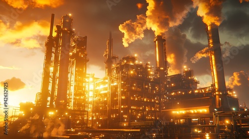 Wide shot of a factory exterior with smokestacks and metallic structures under dramatic lighting