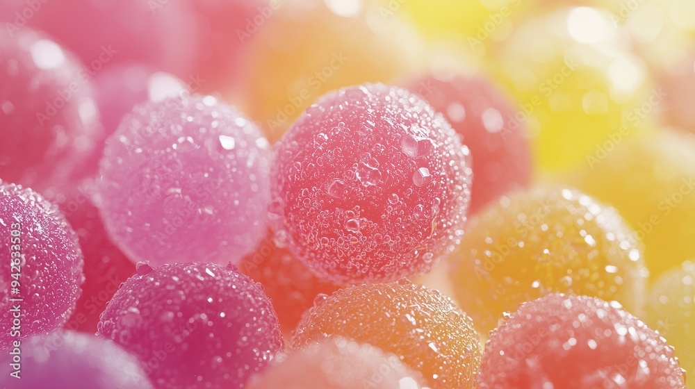 A zoomed-in view of fruity pop candy, showcasing its vibrant colors and round shapes A zoomed-in view of fruity pop candy, showcasing its vibrant colors and round shapes