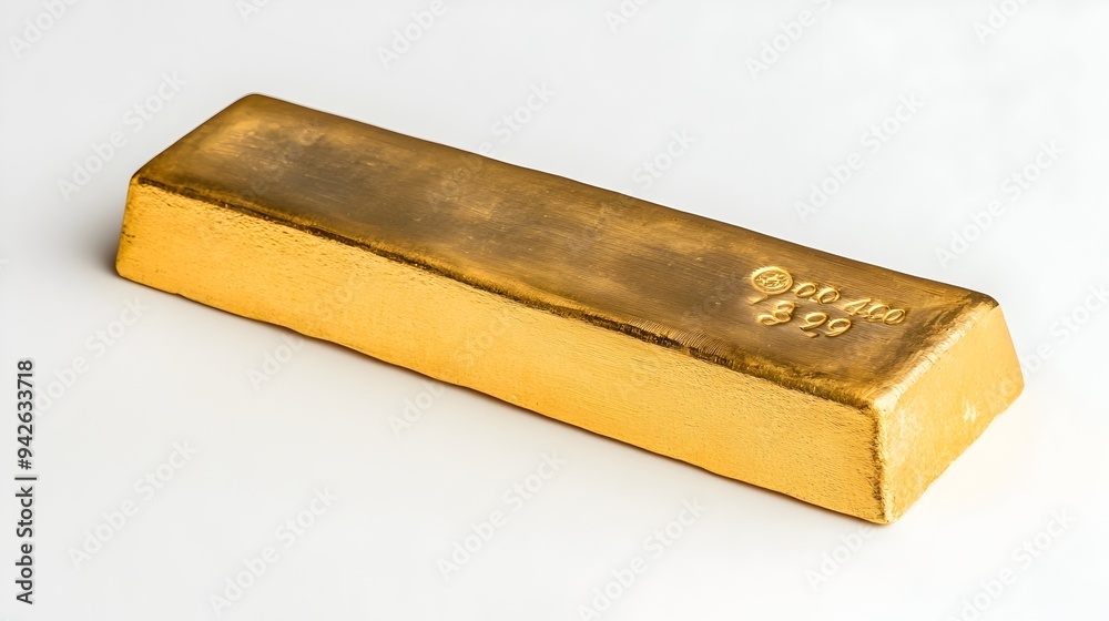 Closeup image of a solid gold bar or ingot with engraved details of its weight and purity photographed against a plain white studio background The shiny precious metal object represents wealth Closeup image of a solid gold bar or ingot with engraved details of its weight and purity photographed against a plain white studio background The shiny precious metal object represents wealth